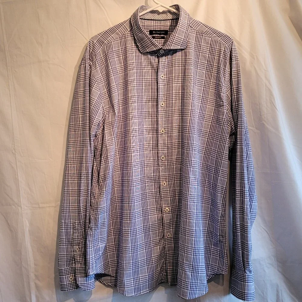 Bugatchi Shaped fit button up- Navy/White plaid pattern- Size XXL - Picture 2 of 10